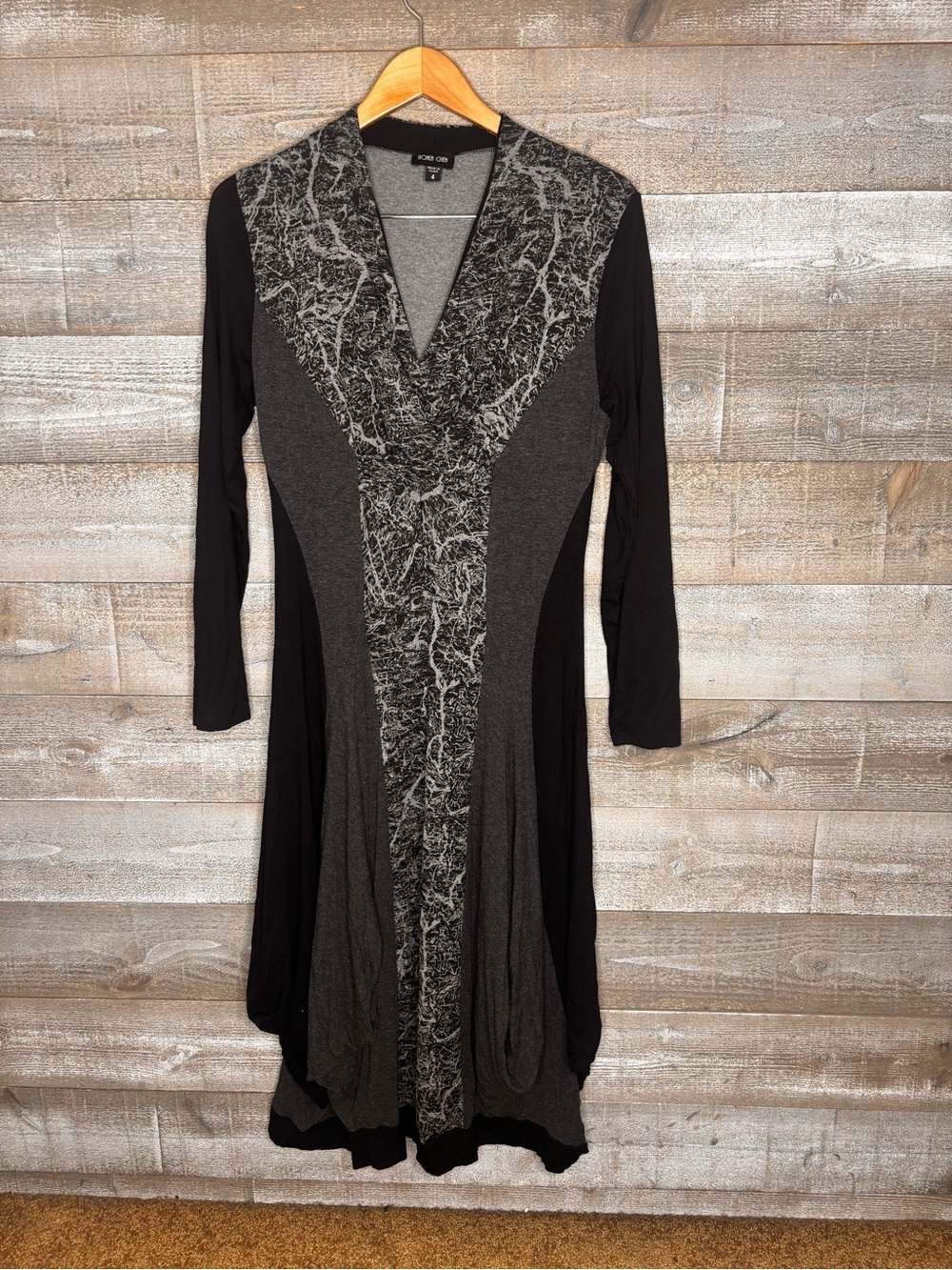 Ronen Chen made in Isreal Black & Charcoal V‑Neck Panel Dress viscose spandex